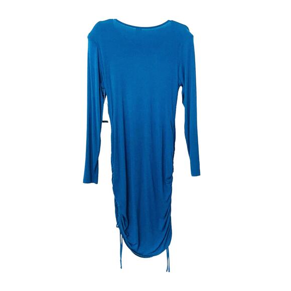 MELROSE & MARKET MIDI BODYCON DRESS, WOMENS, L, BLUE, DRAWSTRING RUCHING - Picture 3 of 10